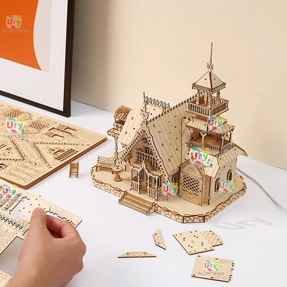 3D Wooden Puzzle Villa House Royal Castle with Light Assembly Toy Kid Adult DIY Model Kits Desk Decoration for Gift