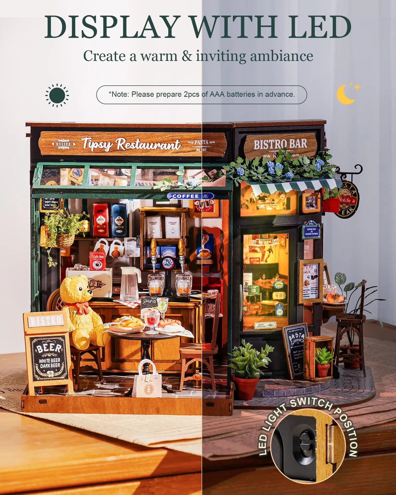 Robotime Rolife Tipsy Restaurant Miniature Dollhouse 3D Wooden Puzzle Bistro Bar Design Gifts for Family Home Decoration Toys