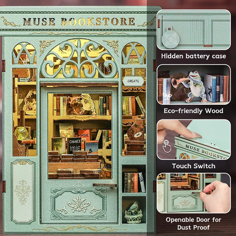 Cutebee DIY Mini Wooden Dollhouse With LED Light Doll House Muse Bookstore For City Walk Series DIY Miniature House Kit