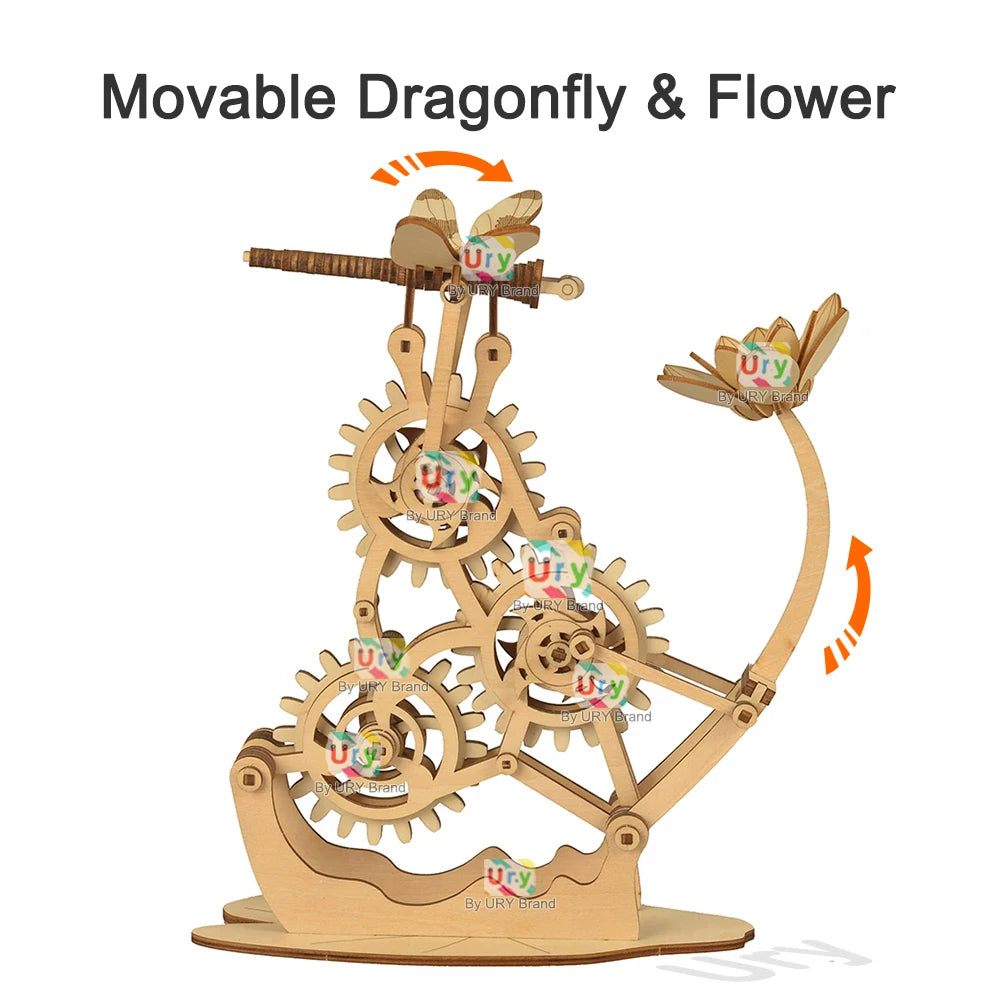 URY 3D Wooden Puzzle Mechanical Dragonfly Honey Harvesting DIY Insect Game Advanced Assembly Model Toys Creative Gift for Kids
