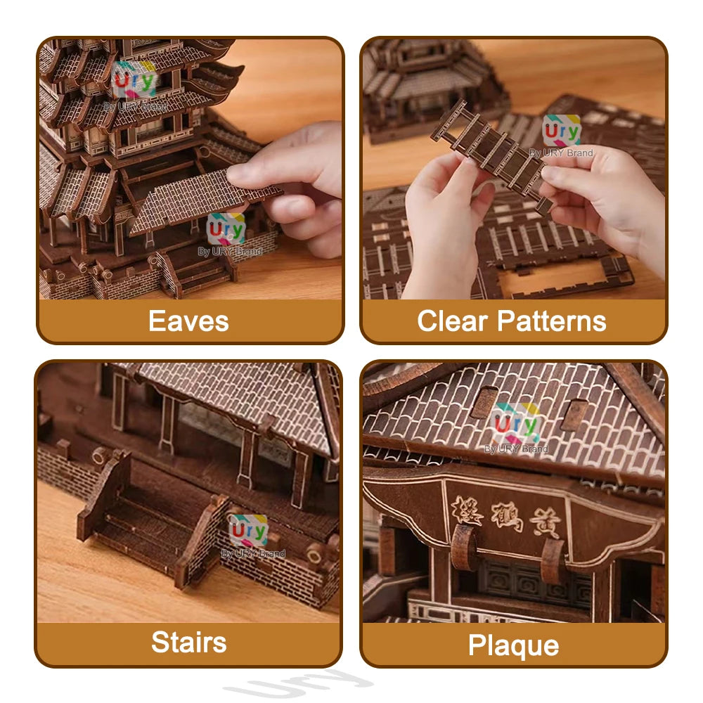 Ury 3D Wooden Puzzle Chinese Yellow Crane Tower Ancient Pagoda Traditional Building DIY Model Assembly Desktop Gift for Adult