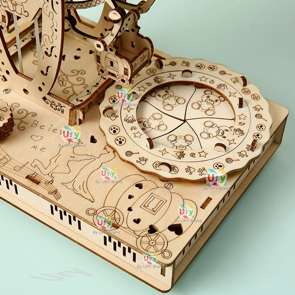 Rotatable DIY 3D Wooden Puzzles Dreamy Princess Ferris Wheel Music Octave Box Model Mechanical Kits Decor Toys Gifts for Kids