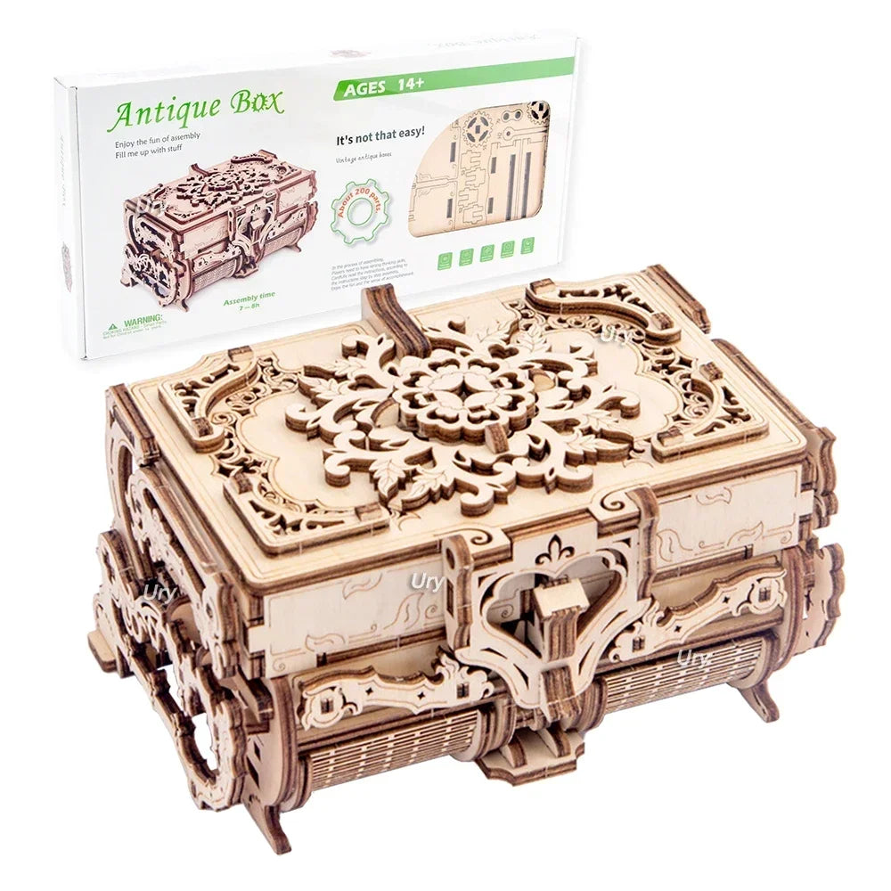 URY 3D Wooden Puzzle Antique Treasure Box Dressing Case DIY Game Advanced Assembly Model Toys Creative Gift for Lady Girls