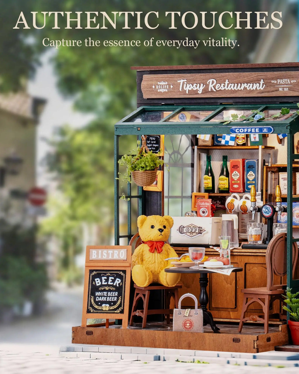 Robotime Rolife Tipsy Restaurant Miniature Dollhouse 3D Wooden Puzzle Bistro Bar Design Gifts for Family Home Decoration Toys