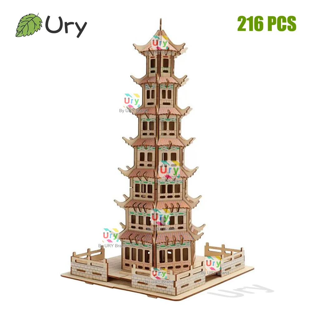3D Wooden Puzzle Chinese Ancient Pagoda Architecture Mortise and Tenon Tower Model DIY Kits Toys Desk Decoration Gifts for Kids