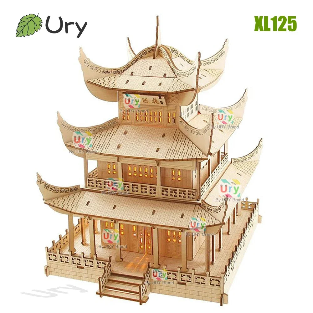 Ury 3D Wooden House Chinese Traditional Puzzle with Light Building DIY Model Game Assembly Desktop Toy Gift for Children Adult