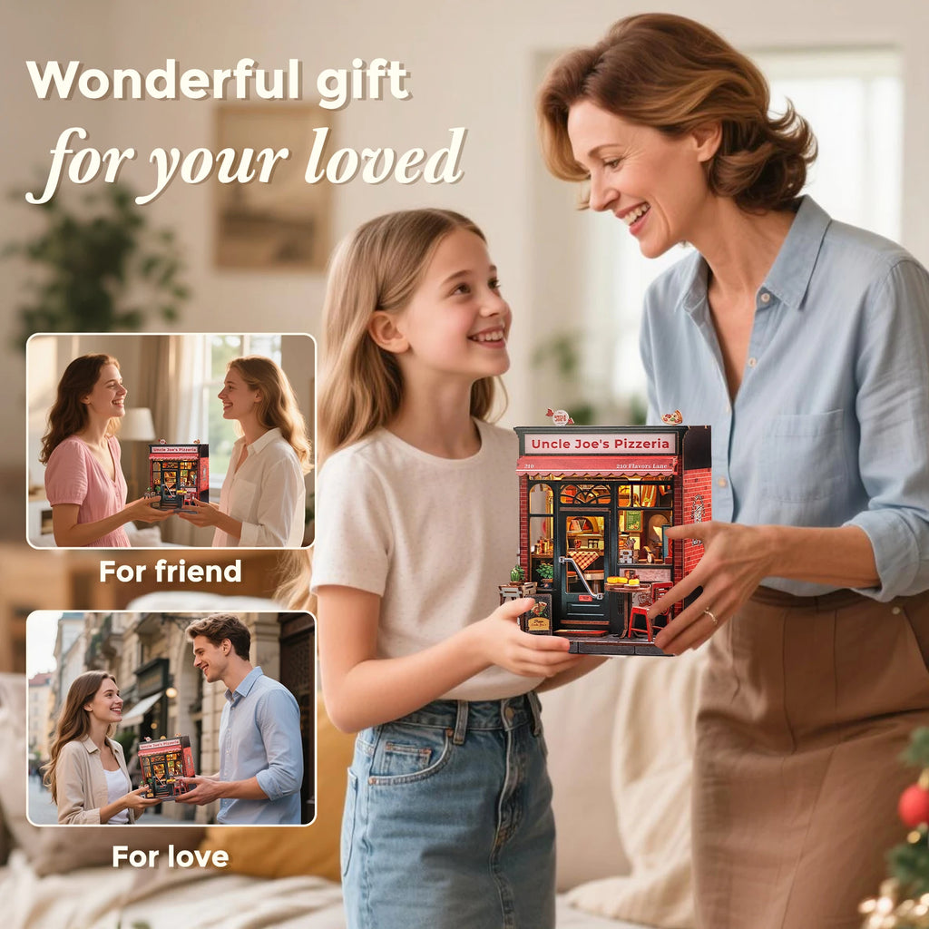 CUTEBEE Book Nook Kit DIY Doll House with LED Light Bookshelf Insert Uncle Joe's Pizzeria Miniature Model For Party Family Gift