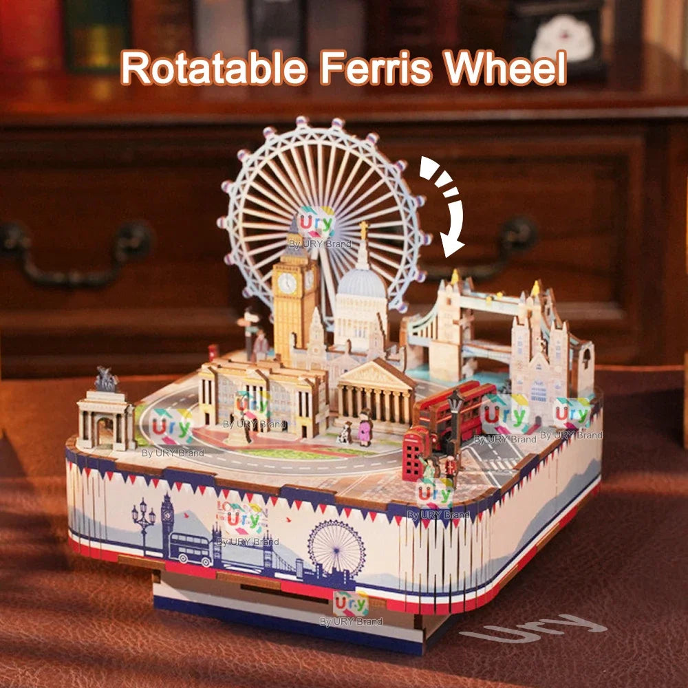 Ury 3D Wooden Puzzles Ferris Wheel London Scenery Rotatable Tour Bus  Bridge Music Box Model Kit Assembly DIY Toy Gift for Adult