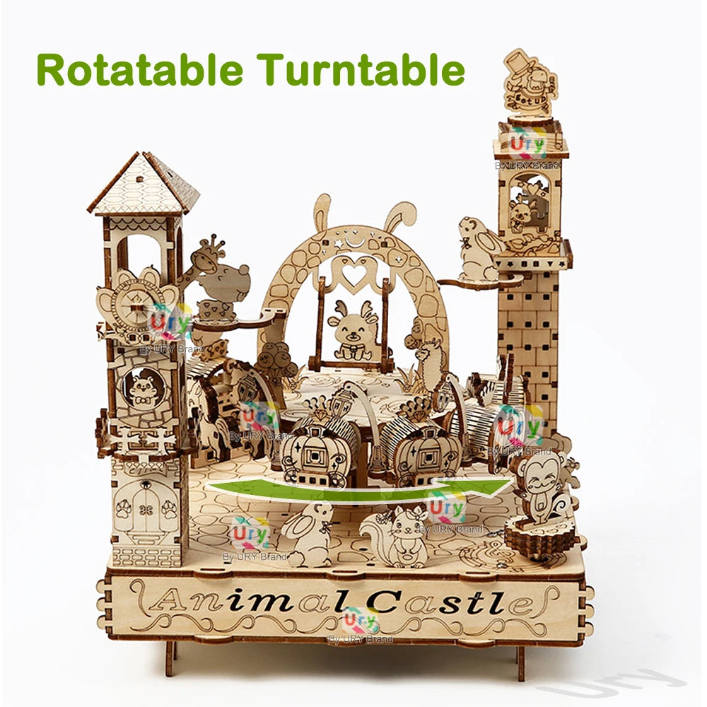 Rotatable DIY 3D Wooden Puzzles Electric Zoo Animals Amusement Park Turntable Model Mechanical Kits Decor Toys Gifts for Kids