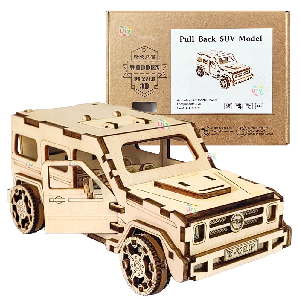 Ury 3D Wooden Puzzle Truck Sports Car Off-Road Unloading Movable Retro Vehicle Assembly Model DIY Decoration Gift for Kids