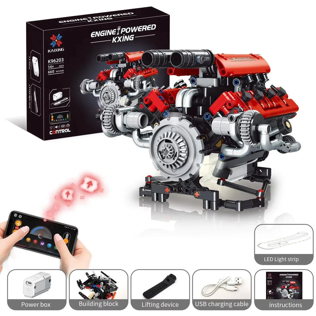KAIXING K96203 660PCS Motorized V8 Engine Building Kit with LED & APP Control STEM Educational Toys