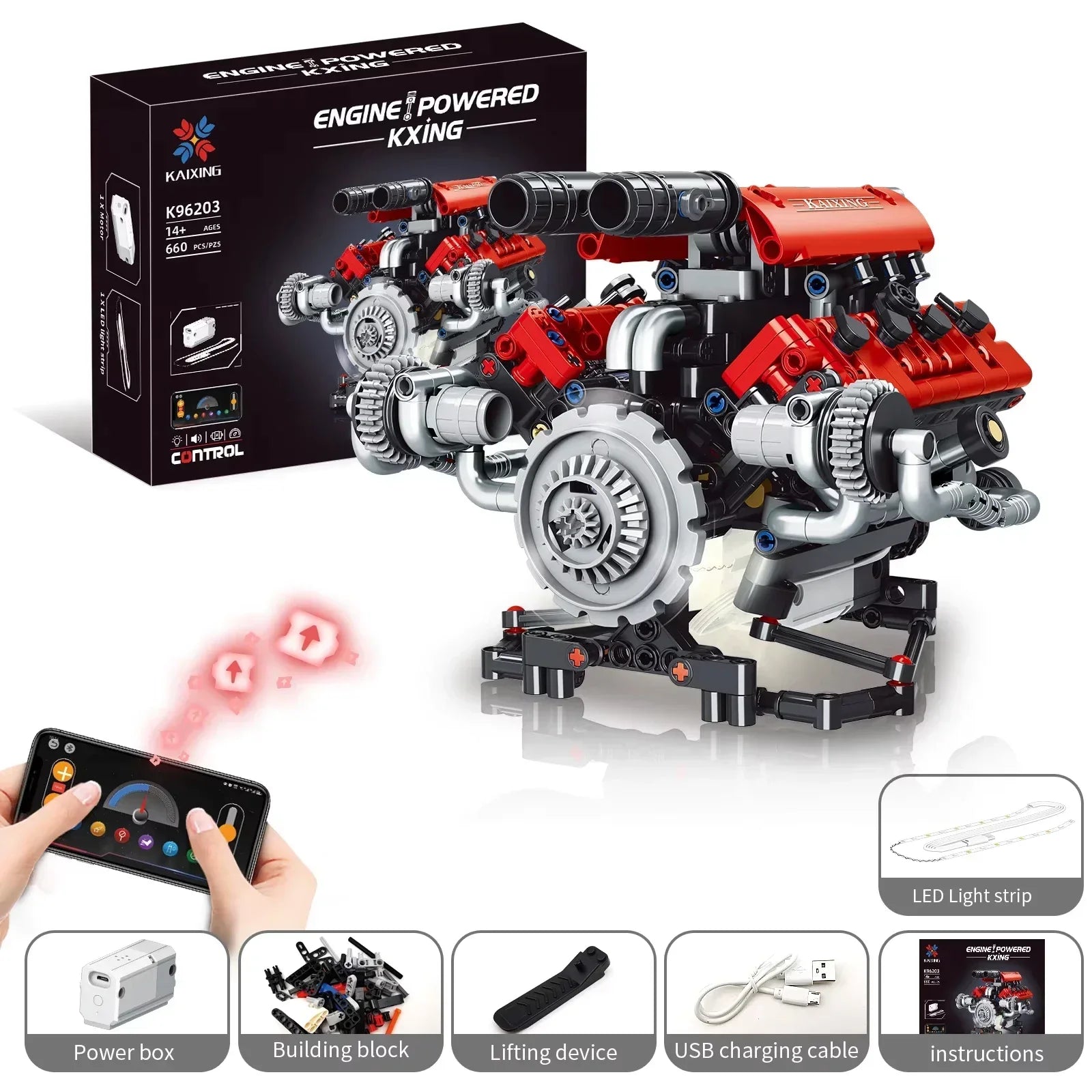 KAIXING K96203 660PCS Motorized V8 Engine Building Kit with LED & APP Control STEM Educational Toys