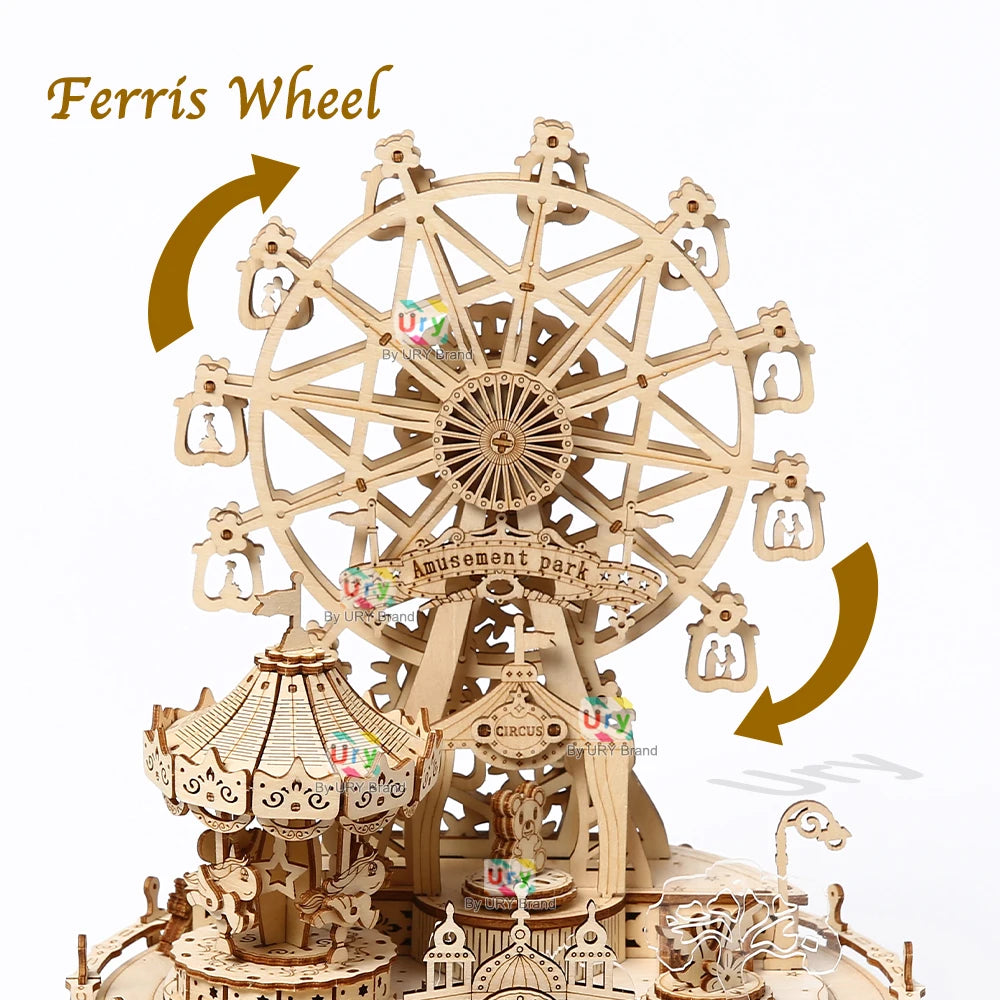 Ury 3D Wooden Puzzles Led Rotatable Ferris Wheel Amusement Park Music Octave Box Model Kit Assembly DIY Toy Gift for Kid Adult