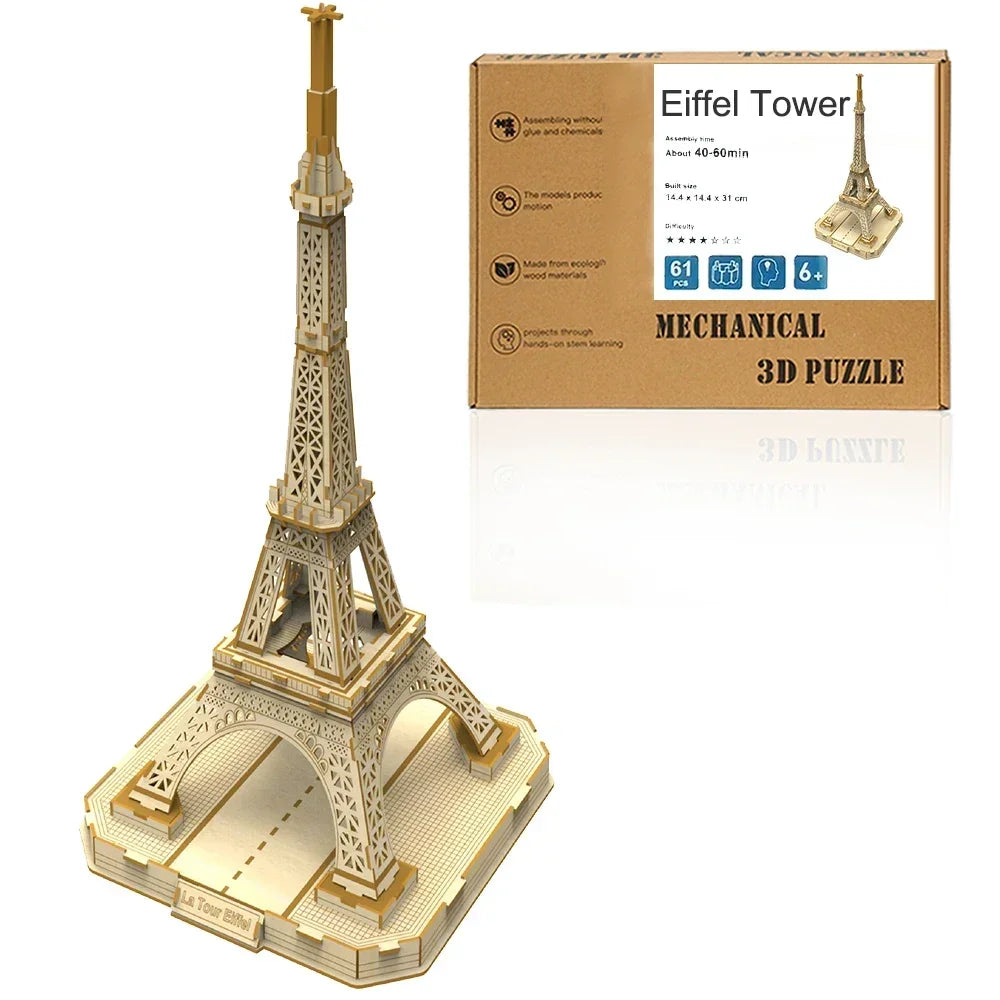 Ury 3D Wooden Puzzle Eiffel Tower Leaning of Pisa Famous European Classics Building World Architecture Model DIY Toys Decoration