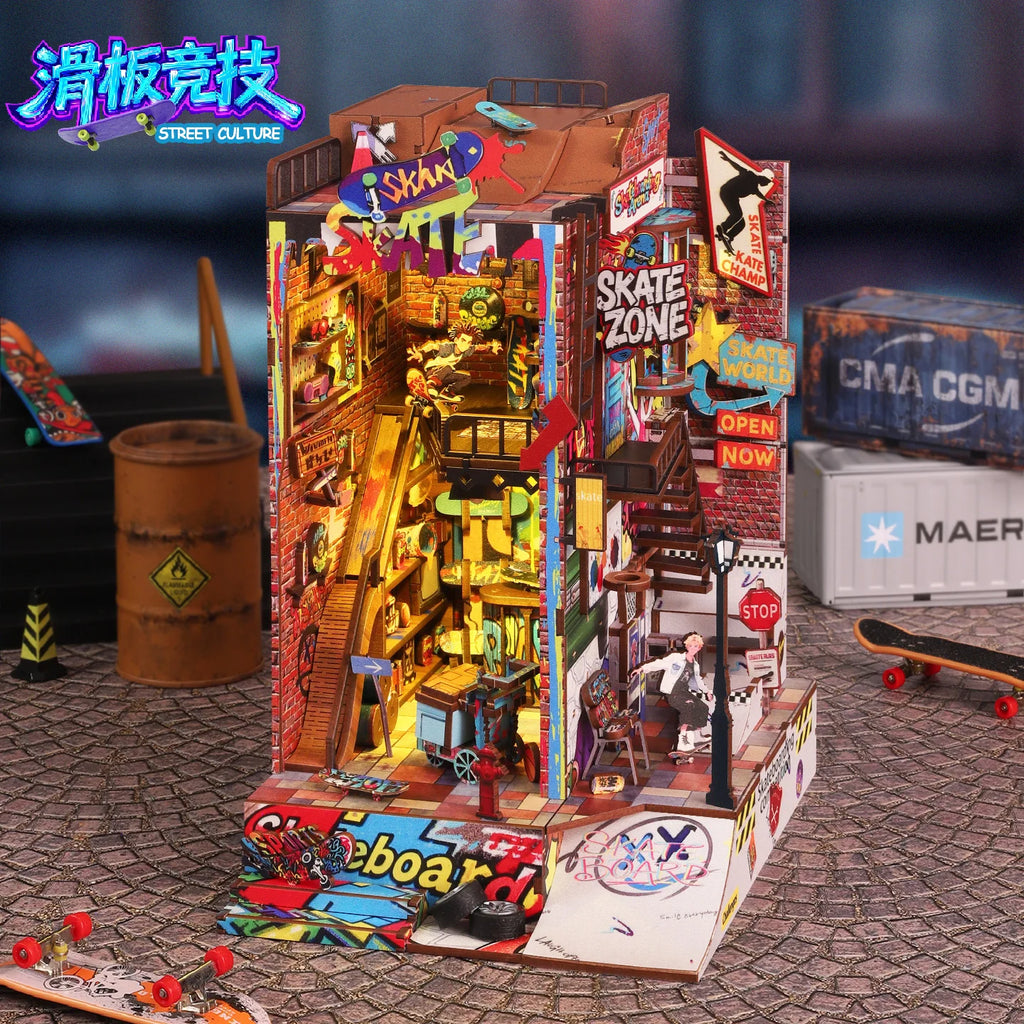 Dynamic Skatepark Diorama Kit - Action-Packed 3D Wooden Bookend, Unique DIY Model for Home Decor and Collection