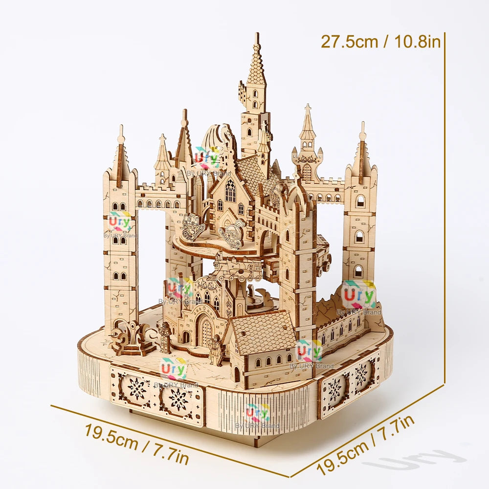 Ury 3D Wooden Puzzle Musical Octagonal Box Rotatable Touring Train Castle Model Mechanical Kit Decor DIY Toy Gift for Kid Adult
