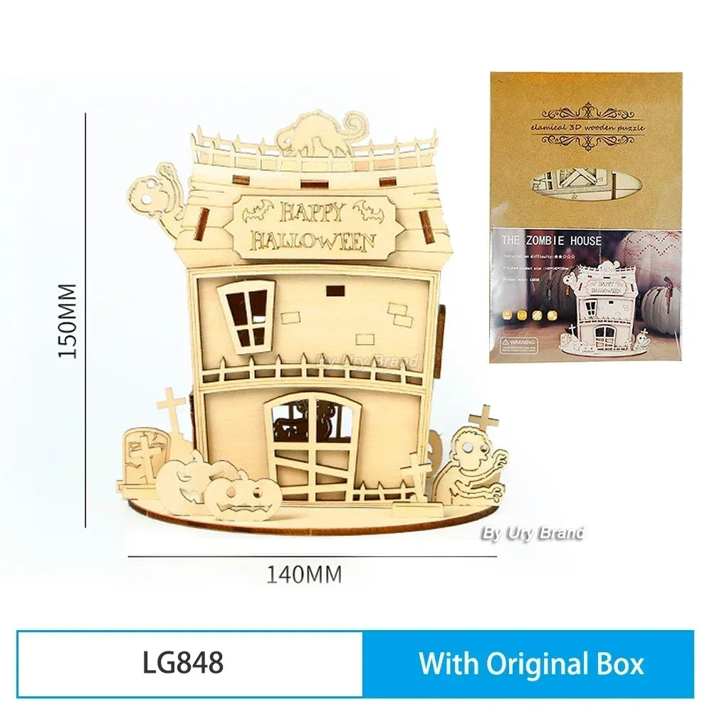 URY New 3D Wooden Puzzle Halloween Holiday Gift Ghost Tree House DIY Model Assembly Craft Kits Desk Decoration For Kids