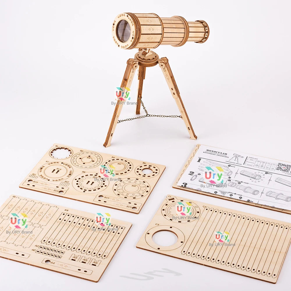 Ury 3D Wooden Puzzle Astronomical Telescope Model Mechanical Gear Kit Science Toy Hand Assembly Decoration Gift for Kid Adult