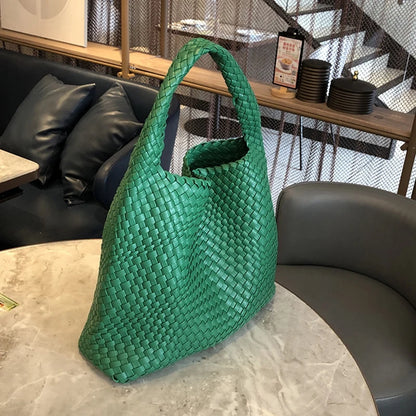2025 Fashion Soft Hobo Weave Shoulder Handbag With Insert Organizer Woven Vegan Leather Top-handle Tote All-Match Underarm Bag