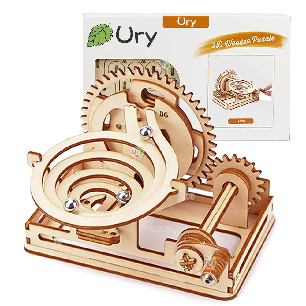 Ury 3D Wooden Puzzle Mini Marble Run Set DIY Mechanical Track Manual Model Building Block Kits Assembly Toy Gift for Teens Adult