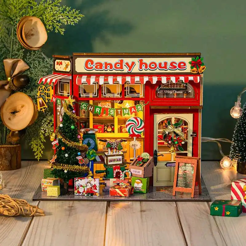 Christmas Candy House DIY Wooden Cottage Kit - 3D Puzzle Miniature Model, Creative Home Decor, Holiday Gift