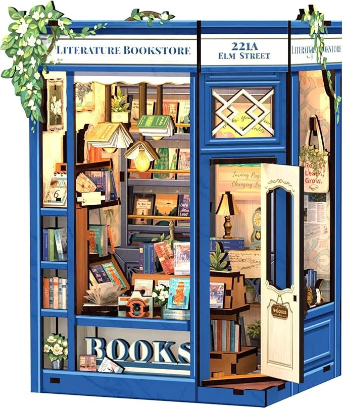 CUTEBEE DIY Book Nook Kit Wooden Bookstore Dollhouse with Light Miniature House Model for Bookshelf Creative Christmas Gift Idea