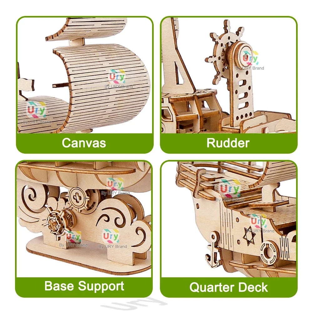 Ury DIY 3D Wooden Puzzle Retro Style Sailboat Shipping Model Toys Handmade Set Home Desktop Decoration Christmas Gifts for Kids