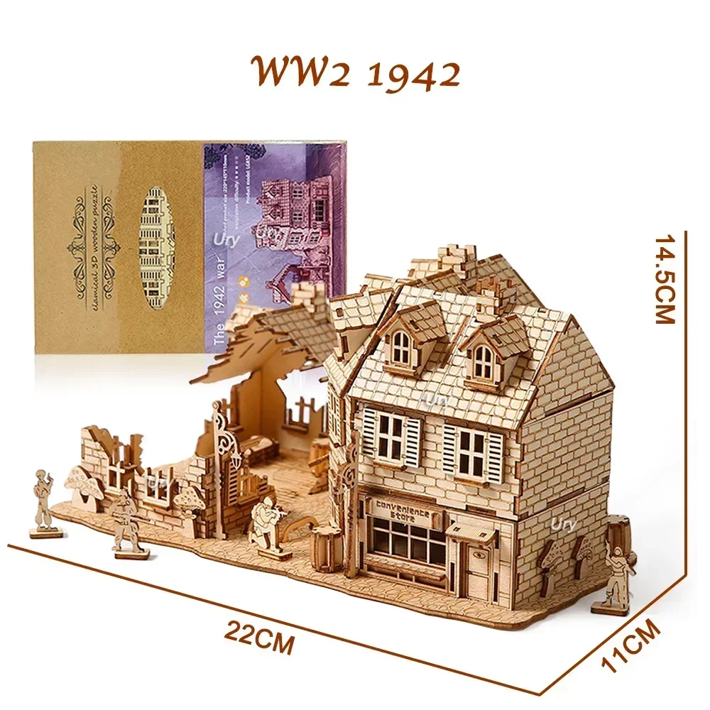 3D Wooden Puzzle WW2 War City Postwar Handmade Mechanical Assembly House Model DIY Kits Toys Desk Decoration Gifts For Kids