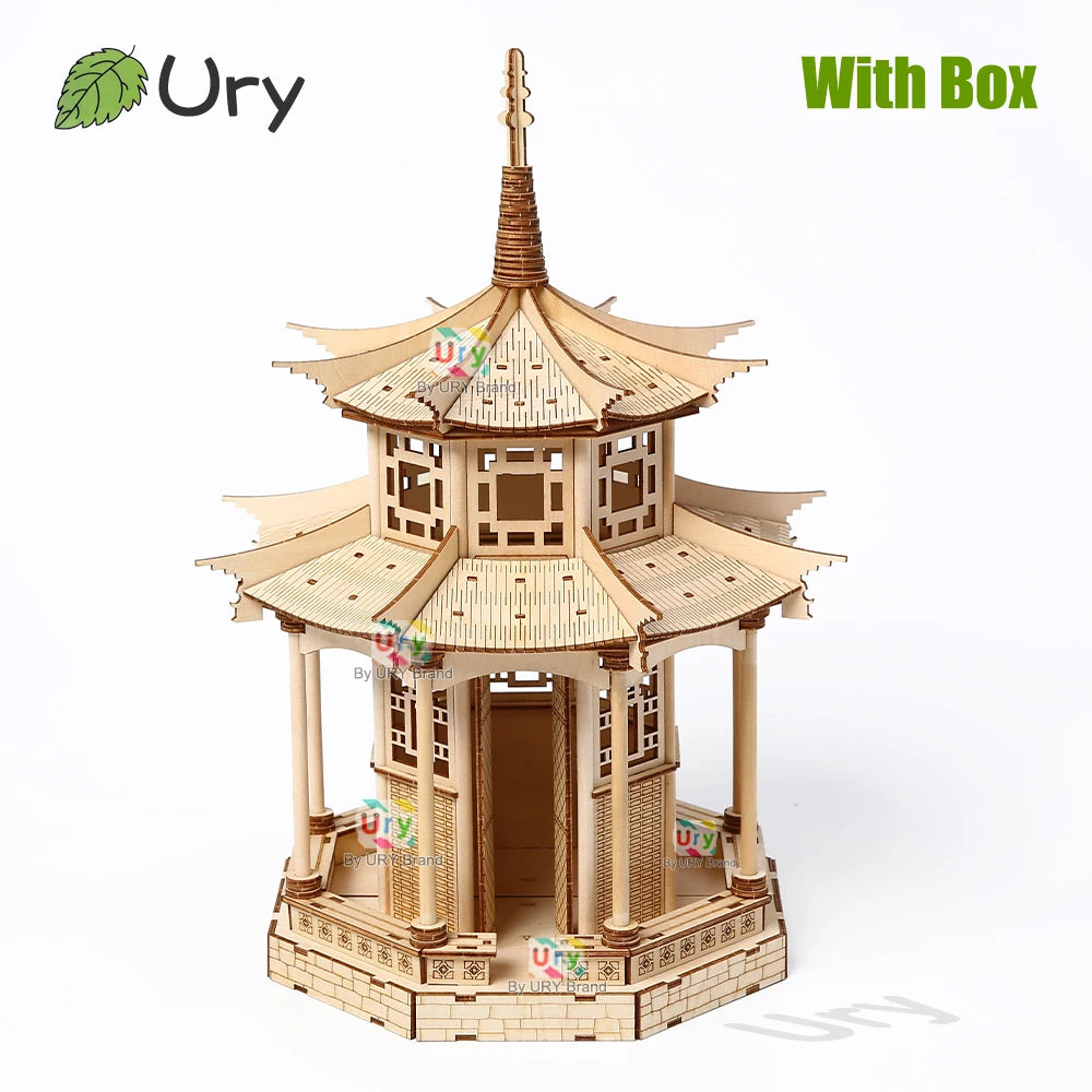 3D Wooden Puzzle Chinese Traditional Audience Pavilion Building DIY Model Game Assembly Desktop Toys Gift for Children Adults