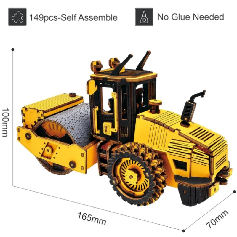 Robotime Rokr 3D Puzzles Wooden Model Car Kits Engineering Road Roller Model DIY Wooden Building Kits for Kids Gift for Birthday