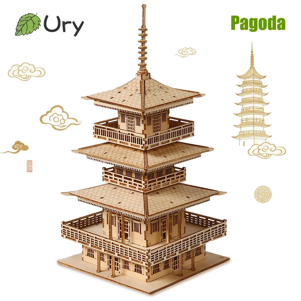 URY 3D Wooden Tower Ancient Pagoda Chinese Traditional Puzzle with Light DIY Model Game Assembly Desktop Toy Gift for Kids Adult