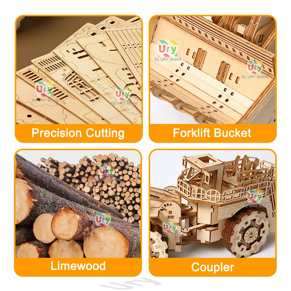 Ury 3D Wooden Puzzle Movable Engineering Vehicle Forklift Bulldozer Assembly Truck Car Model DIY Toys Decoration Gift for Kids