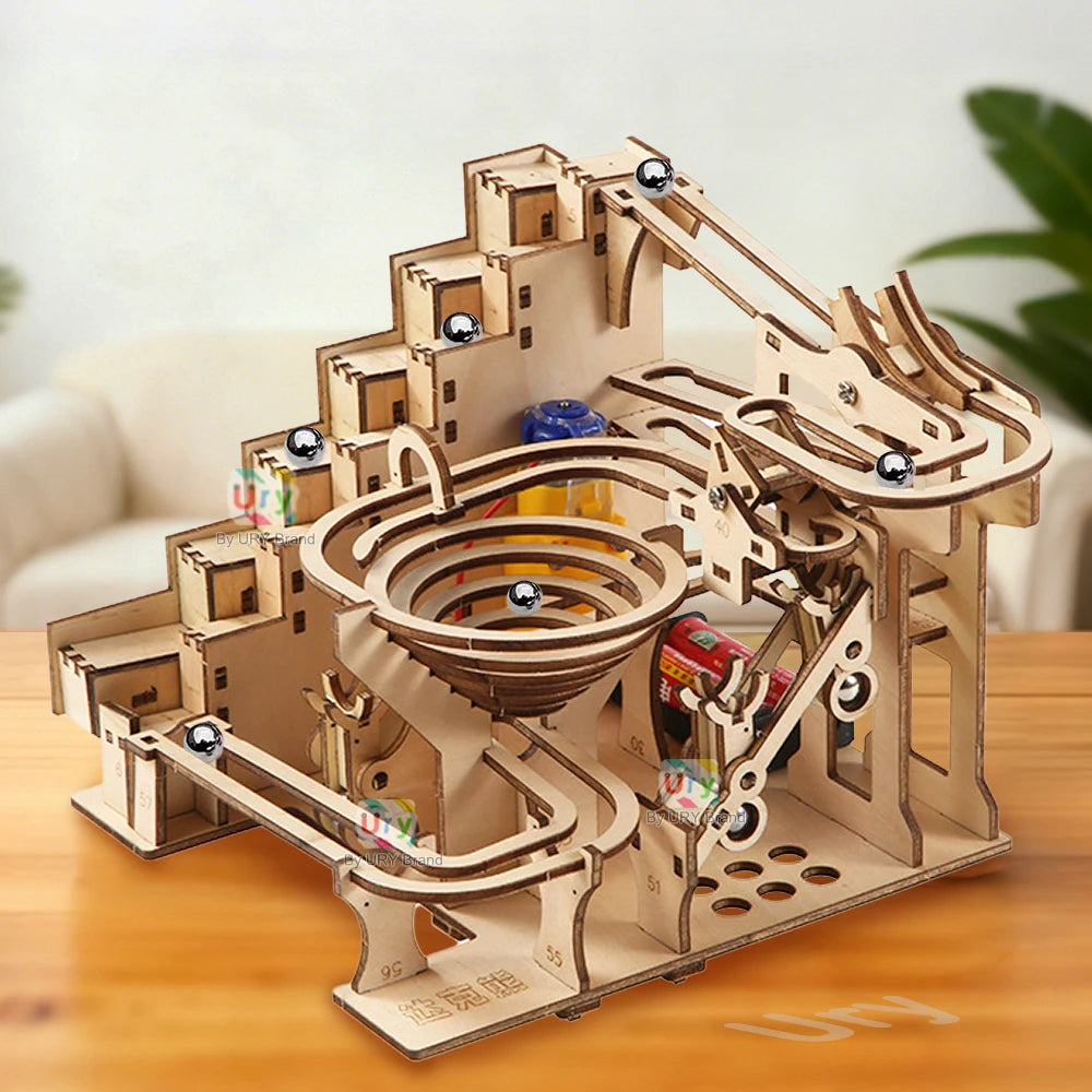 Ury 3D Wooden Puzzles Electric Staircase Track Device Marble Run Set Mechanical Model Science Maze 6 Balls Assembly Gift for Kid