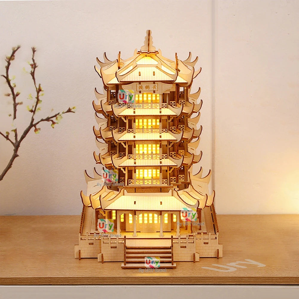 Ury 3D Wooden House Chinese Traditional Puzzle with Light Building DIY Model Game Assembly Desktop Toy Gift for Children Adult