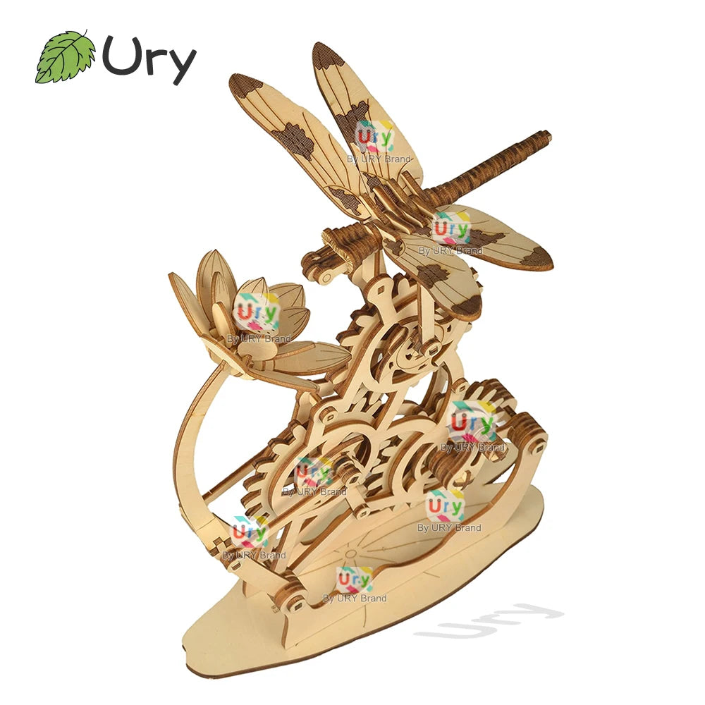 URY 3D Wooden Puzzle Mechanical Dragonfly Honey Harvesting DIY Insect Game Advanced Assembly Model Toys Creative Gift for Kids
