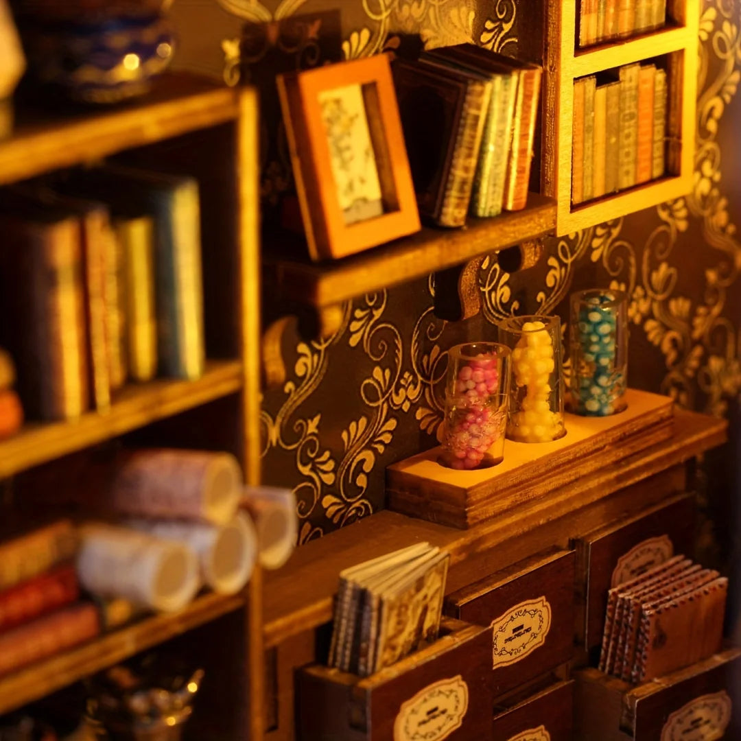 DIY Miniature House Bookend Sensor Light, Wooden Craft Kit for Adults - Magic Bookshelf Decor, Creative Christmas Gift Collectio