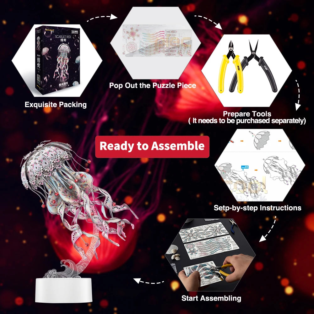 Piececool 3D Puzzles Metal Model Gifts Colourful Jellyfish Building Kits Jigsaw DIY Toy for Adult (4 Colors)