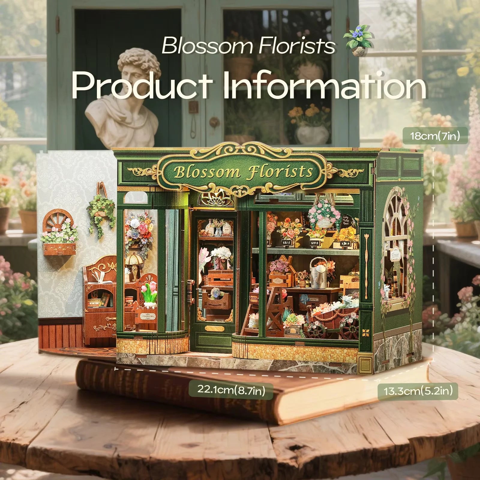 CUTEBEE Book Nook Kit DIY Doll House with LED Light Bookshelf Insert Blossom Florists Miniature Model For Birthday Family Gift