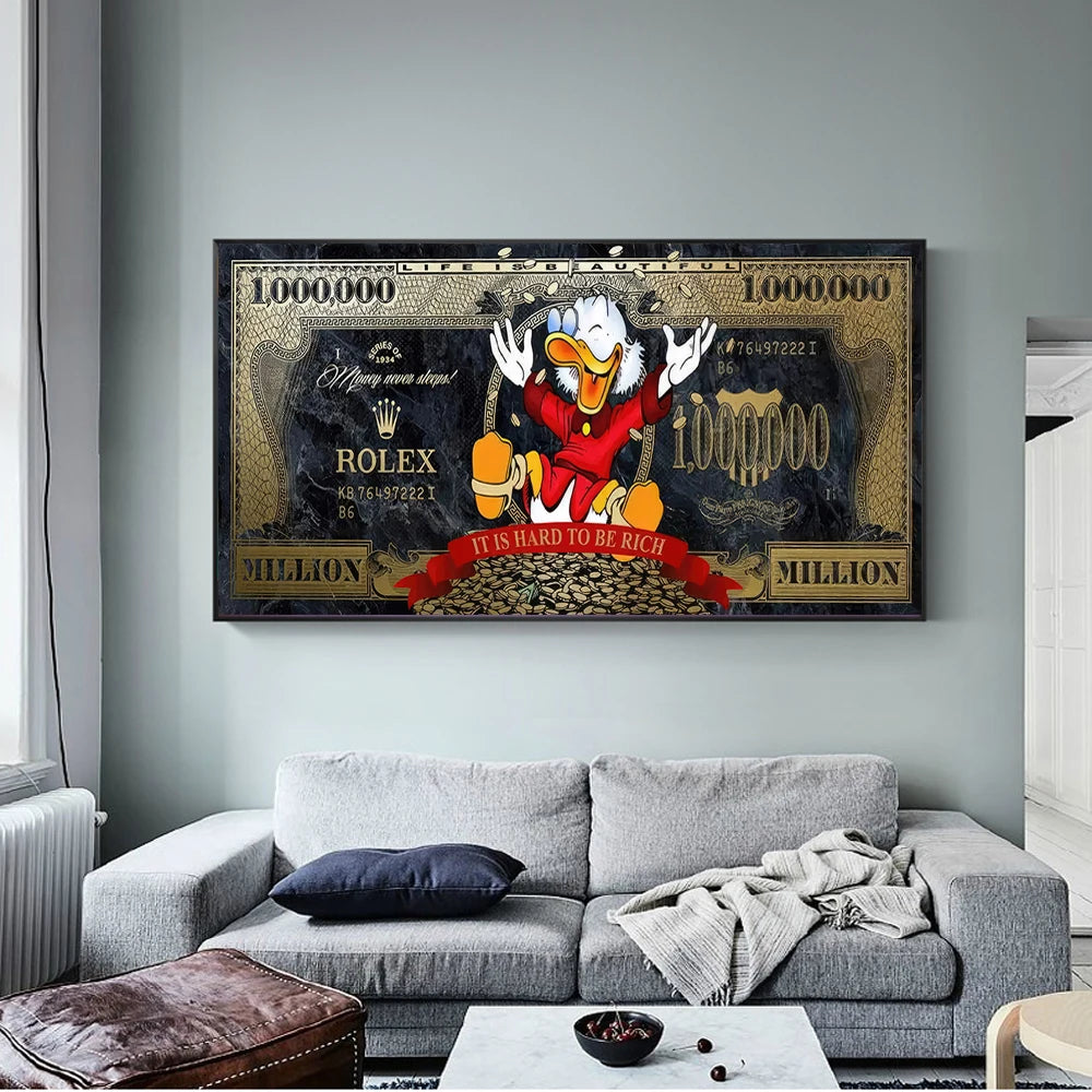 Gold Scrooge One Million Dollar Canvas Art Posters and Prints Donald Duck Fashion Luxury Painting on the Wall Art Picture Cuadro