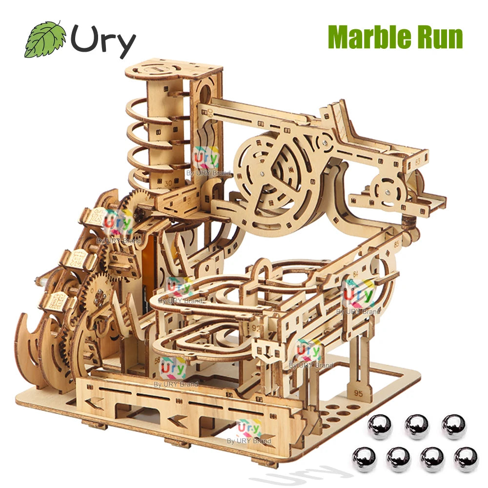 Ury 3D Wooden Puzzles Electric Catapult Track Device Marble Run Set Mechanical Model Science Maze 7 Balls Assembly Gift for Kids