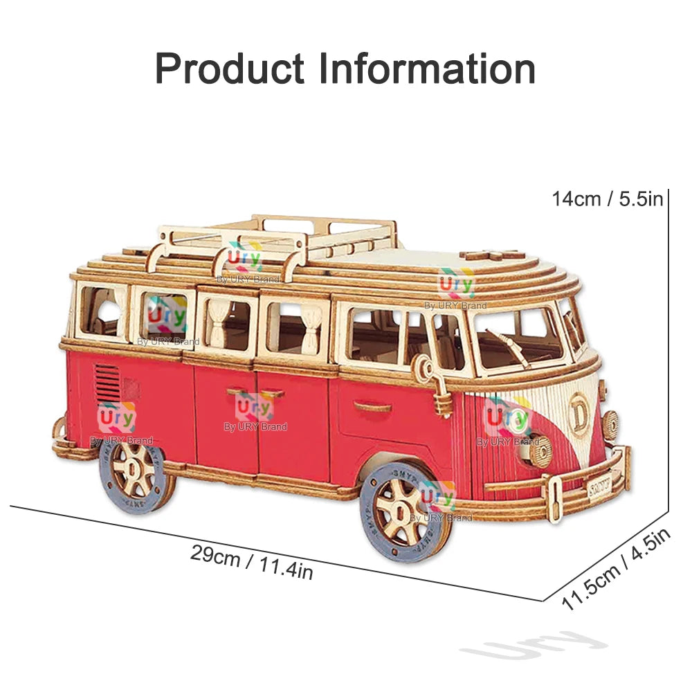 Ury 3D Wooden Puzzle Retro Camping Car Bus Classic Nostalgic Movie Vehicle Assembly Model DIY Decoration Gift Toys for Kid Adult