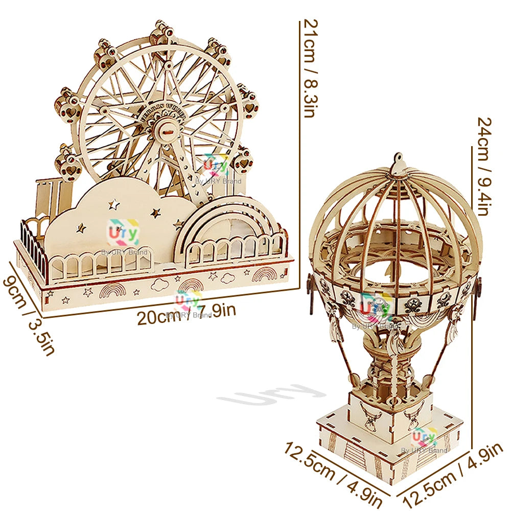 Ury 3D Wooden Puzzles Mini Amusement Park Ferris Wheel Hot Air Balloon Model Assembly Kits Decoration Toy Gift for Kids Adults