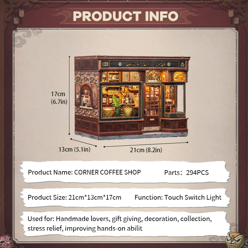 CUTEBEE Book Nook Kit DIY Doll House with LED Light Bookshelf Insert CORNER COFFEE SHOP Miniature Model For Birthday Family Gift