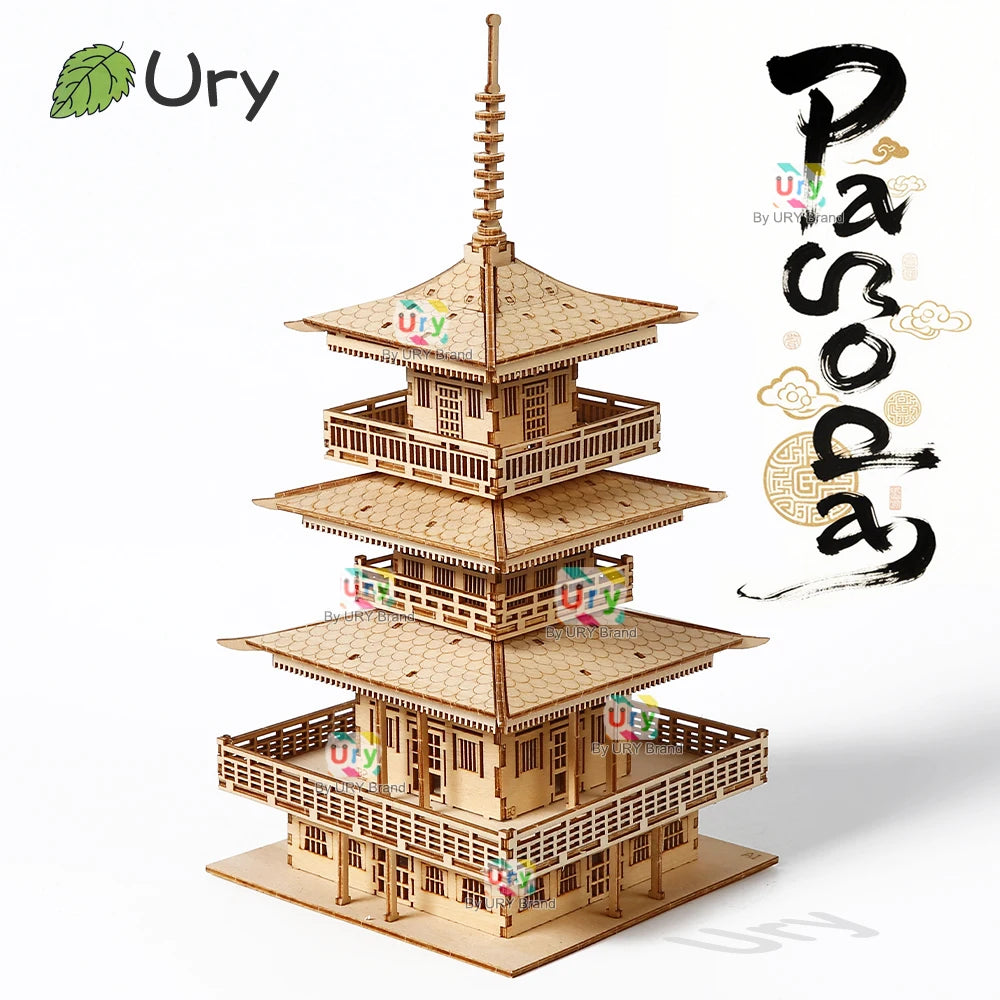 URY 3D Wooden Tower Ancient Pagoda Chinese Traditional Puzzle with Light DIY Model Game Assembly Desktop Toy Gift for Kids Adult