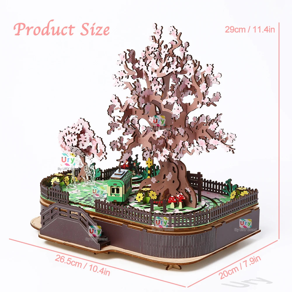 Ury 3D Wooden Puzzle Colorful Cherry Blossom Tree Rotatable Tourist Train Music Octave Box Model Assembly DIY Toy Gift for Adult