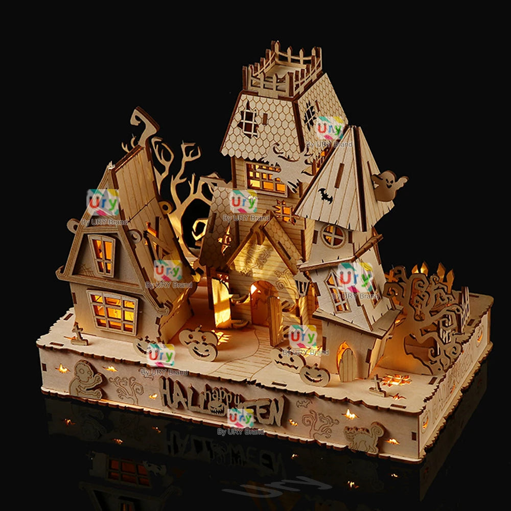 URY New 3D Halloween Haunted House Wooden Puzzle Ghost Tree Light DIY Model Craft Kits Desk Decoration Toys Gift for Kids