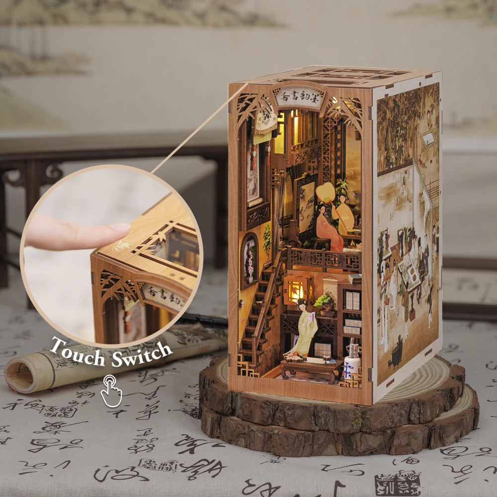 CUTEBEE Book Nook Dollhouse Kit With Touch Light Dust Cover DIY Miniature Doll House Toys For Birthday Gifts Ink Rhyme Bookstore