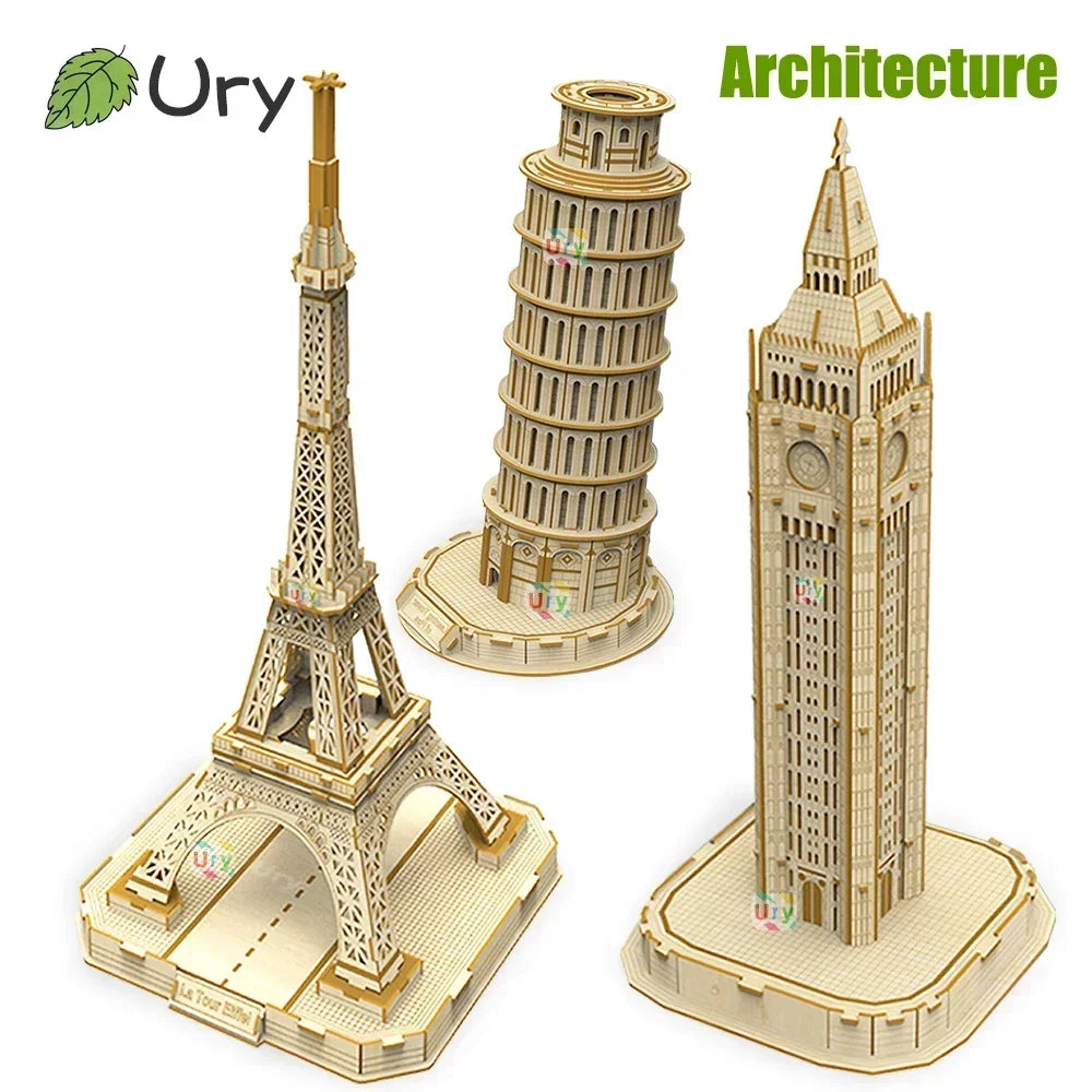 Ury 3D Wooden Puzzle Eiffel Tower Leaning of Pisa Famous European Classics Building World Architecture Model DIY Toys Decoration