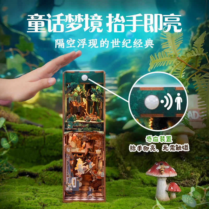 Tonecheer Alice in Wonderland Book Nook Dollhouse DIY Diorama Model Kit 3D Wooden Puzzle Wooden Bookend Decoration Birthday Gift