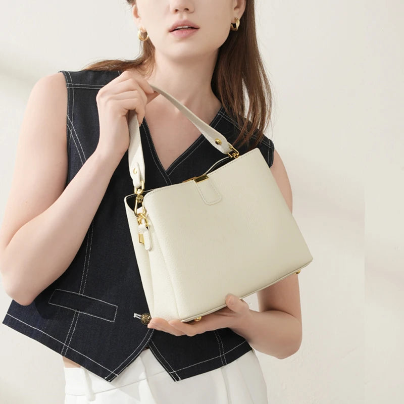 Burminsa Cowhide Genuine Leather Bucket Crossbody Shoulder Bags For Women 2025 Luxury Designer Top Handle Work Ladies Handbags
